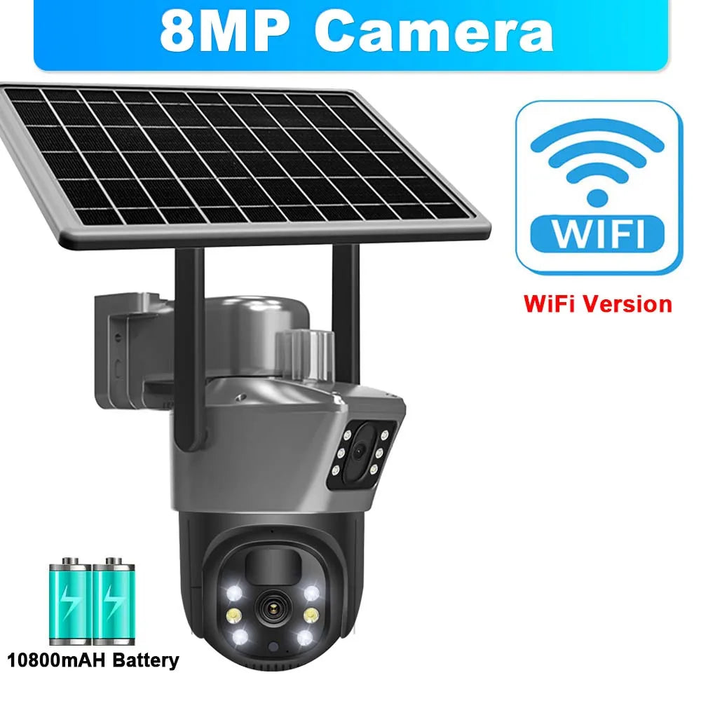 Cámara solar WiFi 4K de 8MP para exteriores, cámara de vigilancia CCTV inalámbrica con panel solar, doble lente, cámara IP PTZ y protección de seguridad.