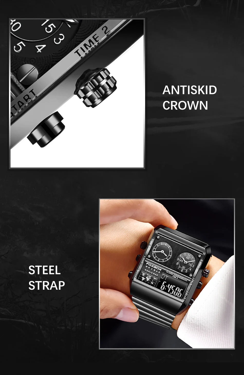 LIGE - Nuevo reloj para hombre, cuadrado, luminoso, deportivo, correa de acero inoxidable, doble pantalla, reloj de pulsera de cuarzo, reloj militar resistente al agua