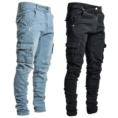 Pantalones vaqueros elásticos de calle para hombre, pantalones cargo de mezclilla lavados, de color sólido, con múltiples bolsillos, pantalones casuales de cintura media, ajustados, para uso diario, para correr