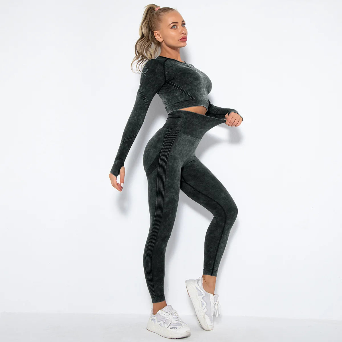 Conjunto de Yoga para Mujer de Alta Calidad, Sin Costuras, 2 Piezas, Camiseta Deportiva de Manga Larga con Color Degradado y Leggings Cortos, Ropa Deportiva para Mujer, 2 Piezas