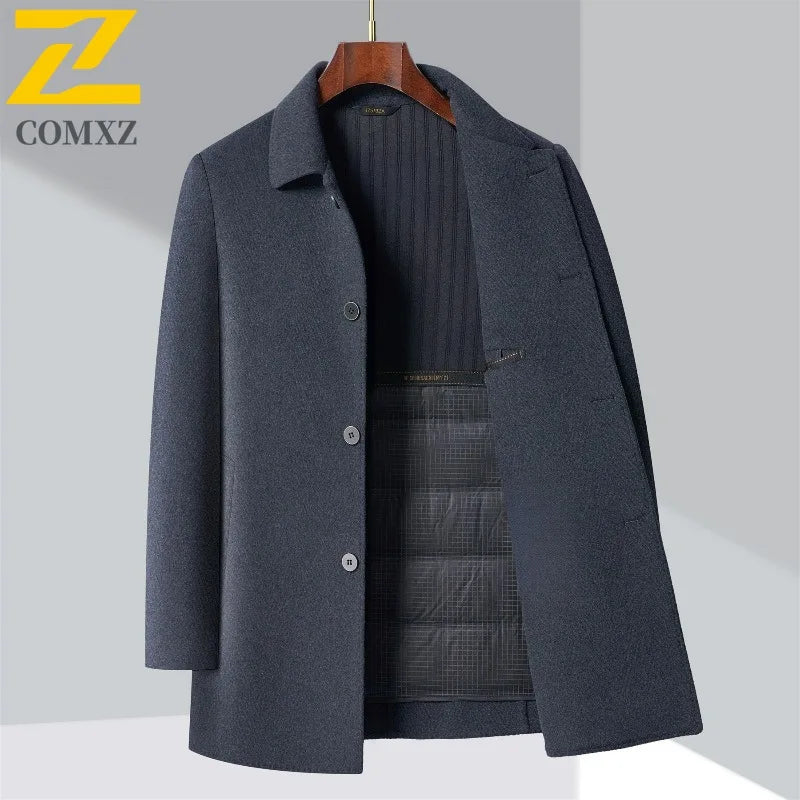 2025 Winter Men Wool Blend Overcoat Mid Length Double Faced Thick Warm Coat Detachable Goose Down Inner Premium TrenchCoat