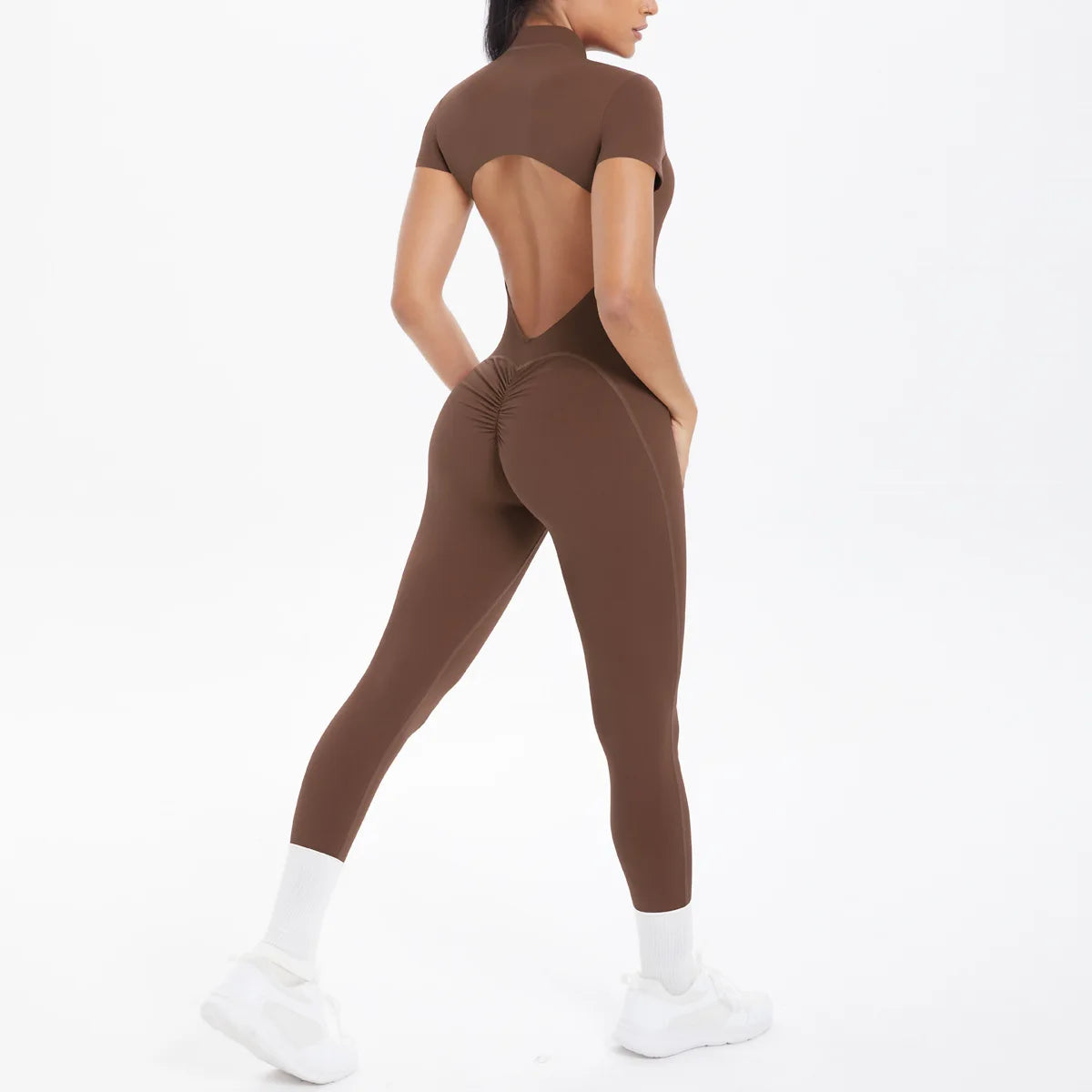 Mono deportivo de yoga sexy con cremallera frontal, espalda descubierta, manga corta, pantalones cortos, ropa deportiva para fitness, correr, gimnasio, yoga y actividades deportivas para mujer.