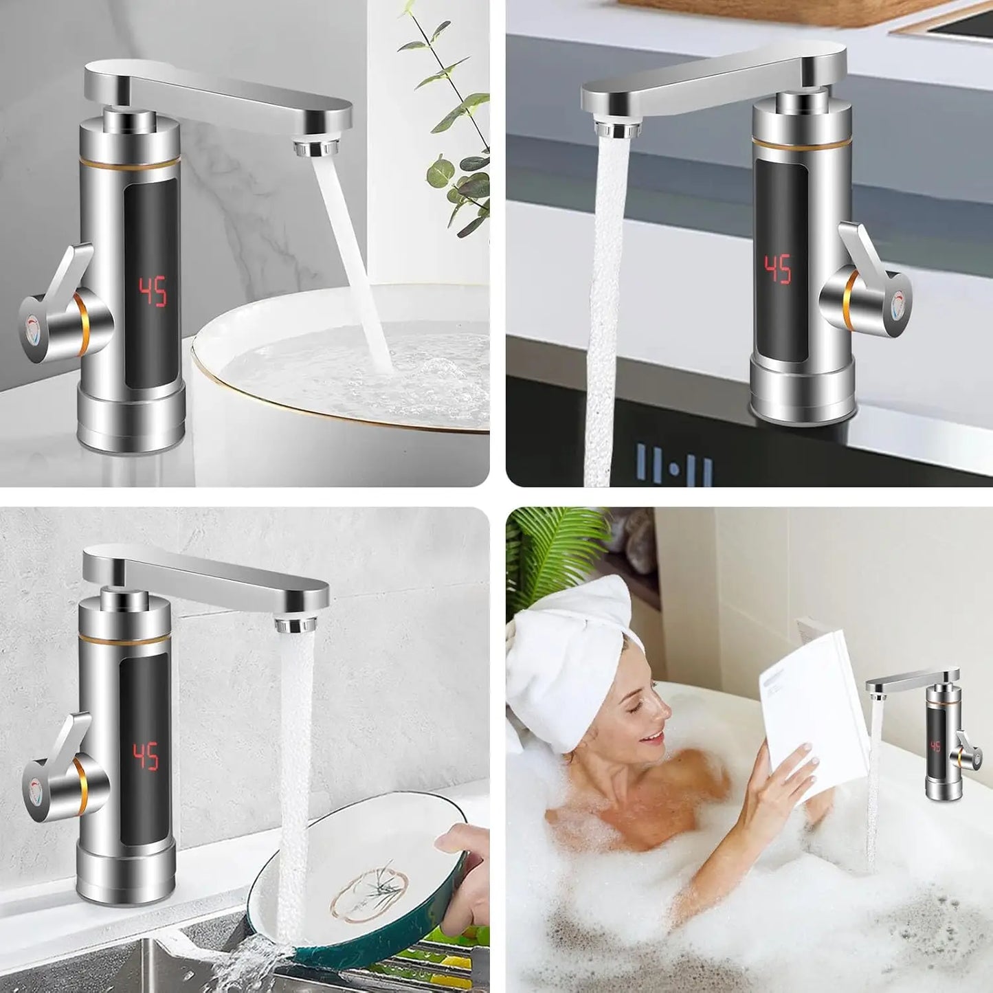 Grifo calentador eléctrico instantáneo sin tanque, con pantalla LCD de temperatura y mezcla de 360°.