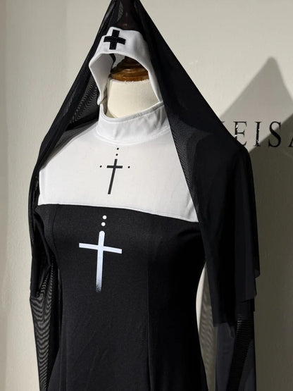 Sexy Anime Nun Cosplay Costume Women Fancy Dress Uniform Halloween Party Adult Madonna Dress Black Fancy Robe Headdress Set 2025