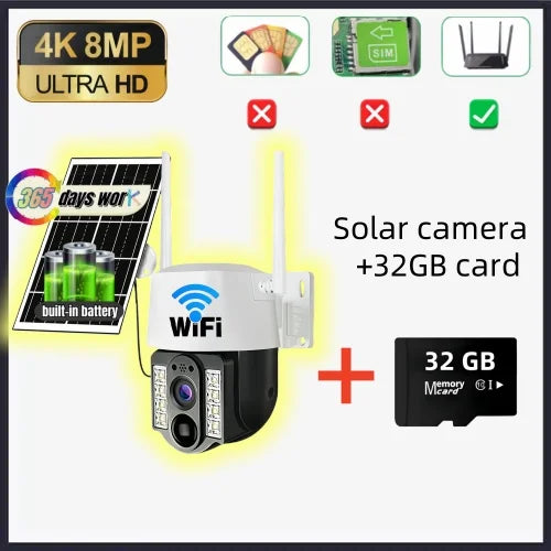 Cámara solar WiFi V380 Pro con zoom 10X, doble lente, resistente al agua, para exteriores, con protección IP, detección humana PIR y sistema de videovigilancia.