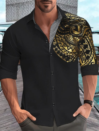 Camisa de hombre con estampado dorado, blanca, negra, roja, manga larga, cuello con botones, estilo casual y moderno, tallas grandes.
