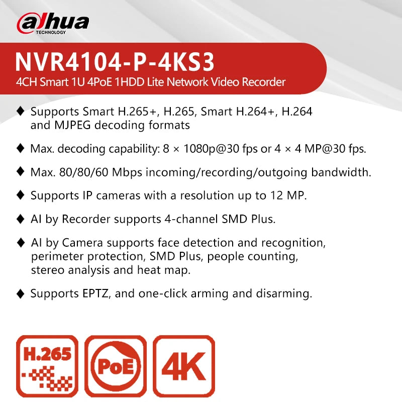 NVR Dahua Lite de 4/8 canales, 1U, 4/8 PoE, 1 HDD. Compatible con cámaras SMD de 12 MP, detección de movimiento y SATA hasta 20 TB. Modelos: NVR4104-P-4KS3 y NVR4108-8P-4KS3.