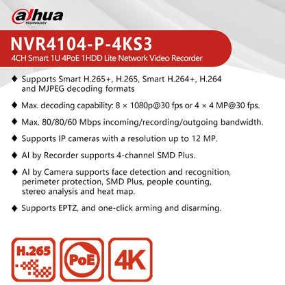 NVR Dahua Lite de 4/8 canales, 1U, 4/8 PoE, 1 HDD. Compatible con cámaras SMD de 12 MP, detección de movimiento y SATA hasta 20 TB. Modelos: NVR4104-P-4KS3 y NVR4108-8P-4KS3.