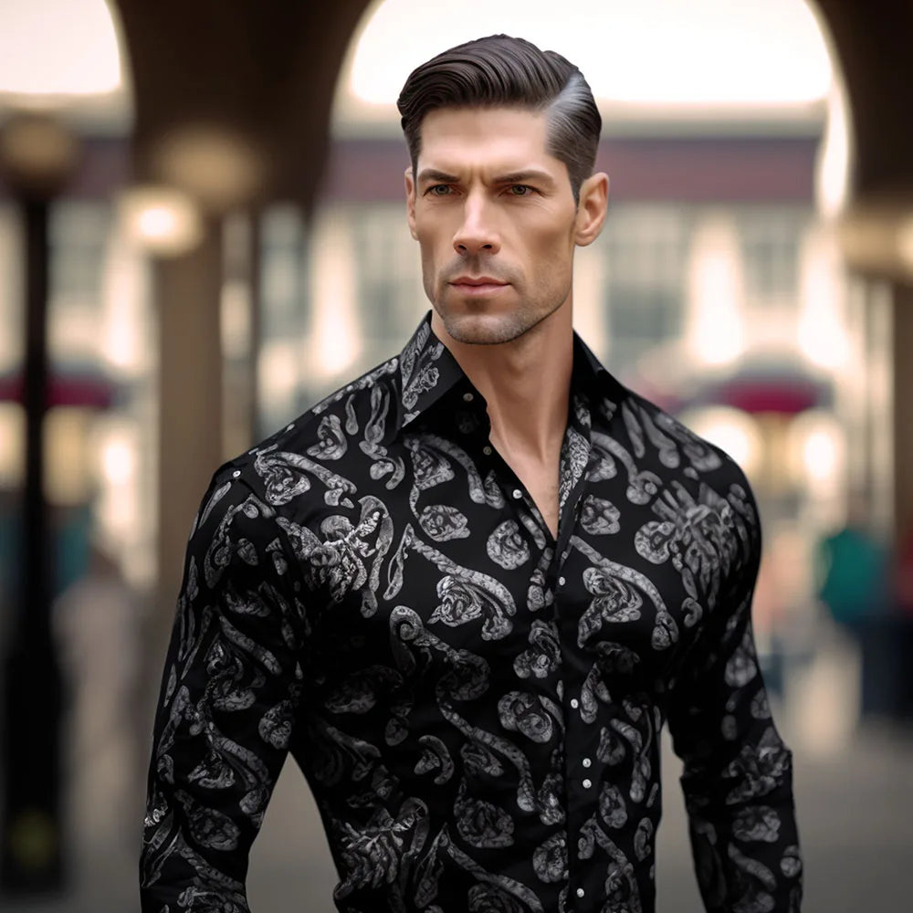 Camisas clásicas negras estampadas y bordadas para hombre, solapa de seda, manga larga, corte formal exquisito, ideales para eventos de negocios y fiestas. Barry.Wang CY-0407