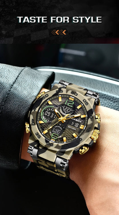 FOXBOX - Nuevo reloj deportivo para exteriores para hombre, reloj analógico digital de moda para negocios, reloj de pulsera de cuarzo con alarma resistente al agua y de silicona.