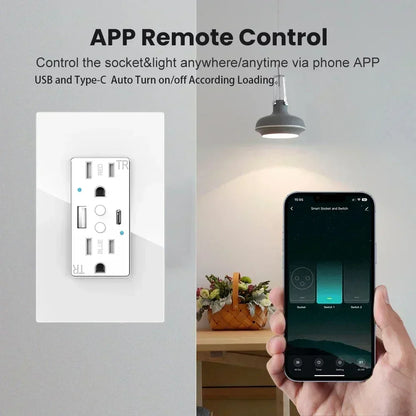 Enchufe inteligente de pared Melery Tuya WIFI para EE. UU. con doble salida, USB tipo C, carga rápida PD de 20 W, cristal, control remoto compatible con Alexa y Google Home.