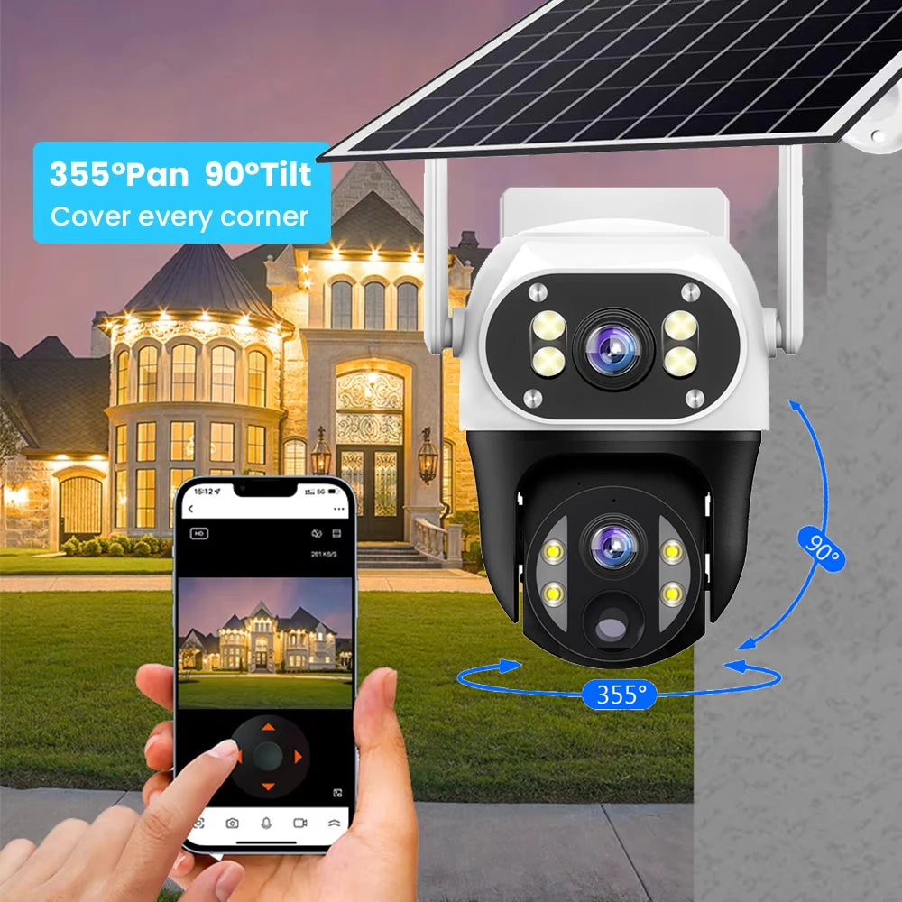 Cámara solar con tarjeta SIM 4G, lente dual de 12 MP, resistente al agua, para exteriores, CCTV, protección de seguridad V380 Pro, batería integrada.