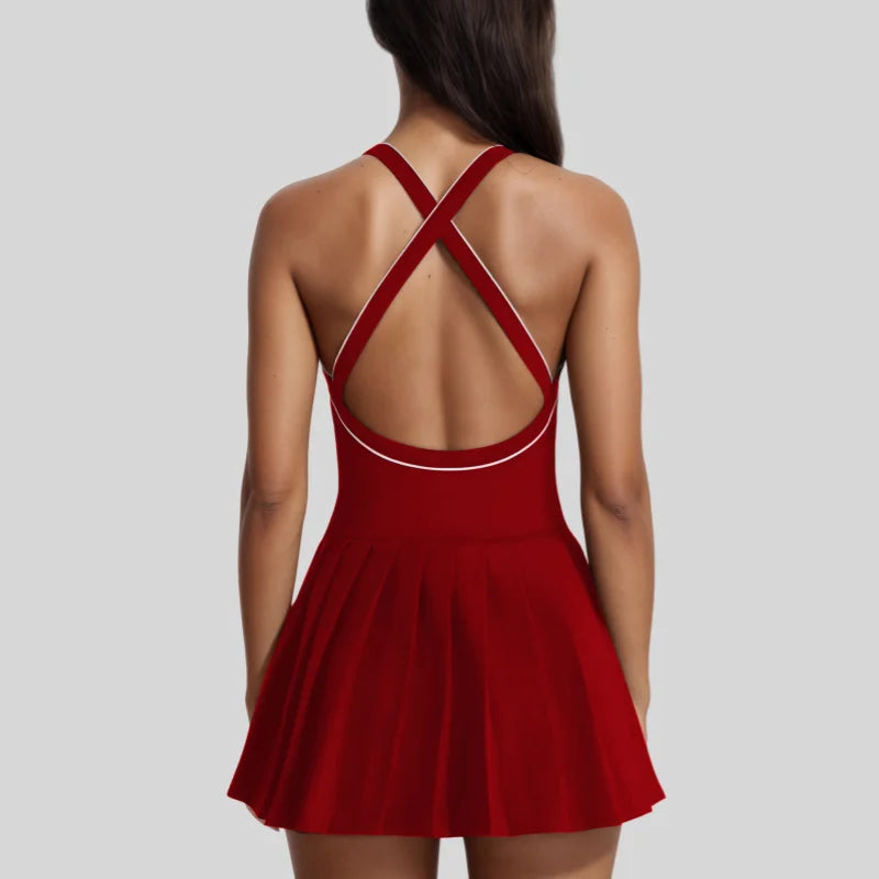 Vestido de yoga de una pieza para mujer con almohadillas para el pecho, falda plisada con bloques de color, alta elasticidad, secado rápido, antiexposición, falda de tenis y golf.