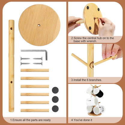 Portavasos de bambú con 6 ganchos para tazas de café, resistente soporte para tazas, ideal para organizar mostradores y ahorrar espacio.