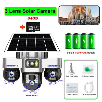 Cámara solar 4G con 3 PTZ, rotación automática, seguridad inteligente para exteriores, protección del hogar, detección humana PIR, seguimiento automático, cámaras de videovigilancia IP.