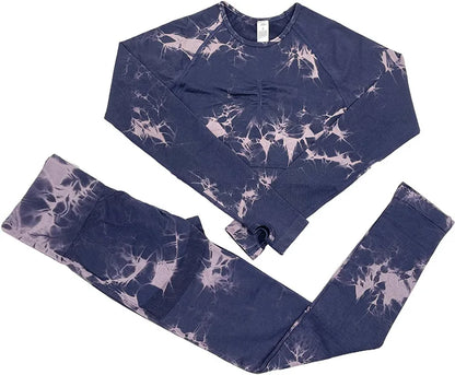 VEQKING - Ropa de yoga teñida para mujer, top corto de manga larga, pantalones de yoga de cintura alta, conjuntos deportivos, ropa de gimnasio de secado rápido