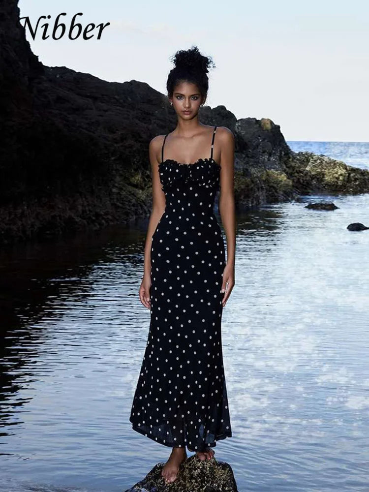 Vestido Nibber de verano, estilo moderno, con escote barco, estampado de lunares, tirantes finos, corte ajustado, elegante, estilo maxi, ideal para salir de fiesta.