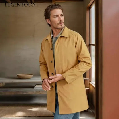 Chaqueta informal para hombre, otoño 2024, gabardina larga, color liso, solapa, corte ajustado, cárdigan de un solo botón, estilo casual y elegante.