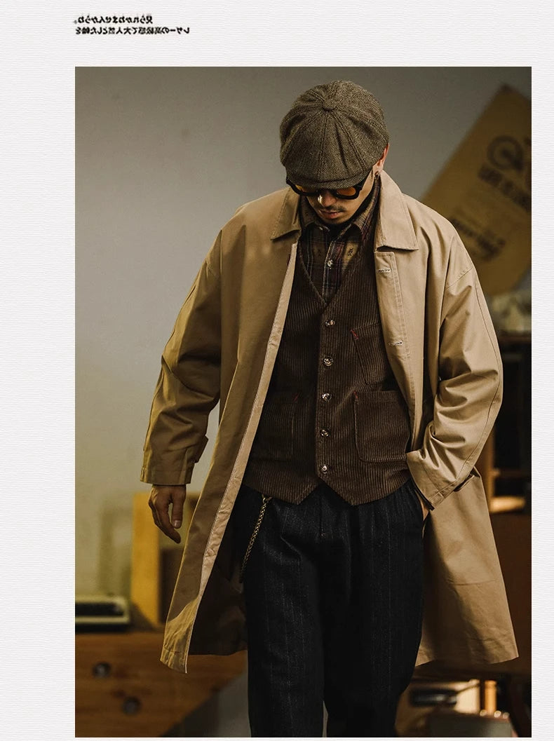 Retro American Sle Men's Long Coat Cotton Casual Faion Urban Youth Pure Color Button up Loose Fit Autumn Winter Coat