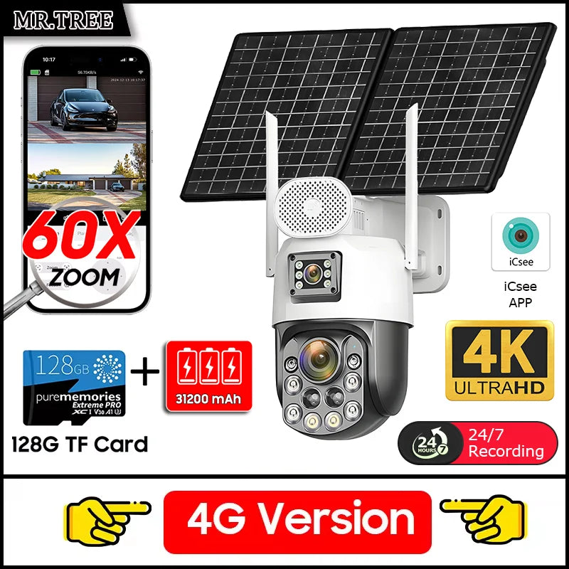 Cámara de seguridad exterior solar 4K con SIM 4G, 2 lentes/pantalla, zoom óptico 60x, seguimiento automático, PTZ 360°, videovigilancia doméstica IP.