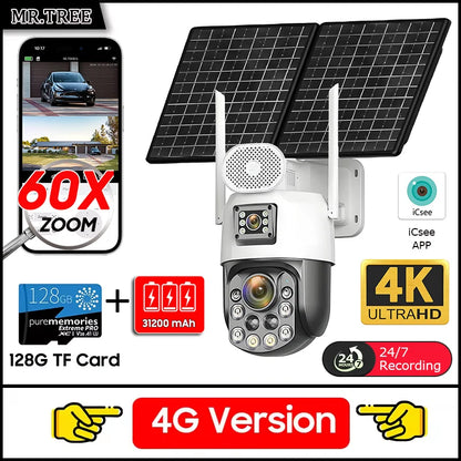 Cámara de seguridad exterior solar 4K con SIM 4G, 2 lentes/pantalla, zoom óptico 60x, seguimiento automático, PTZ 360°, videovigilancia doméstica IP.