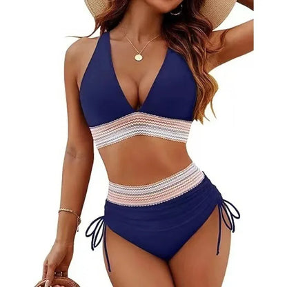 Conjunto de bikini de cintura alta con cinturón de tejido de color puro sexy para mujer, traje de baño de estilo ruso, ropa de playa de moda para mujer