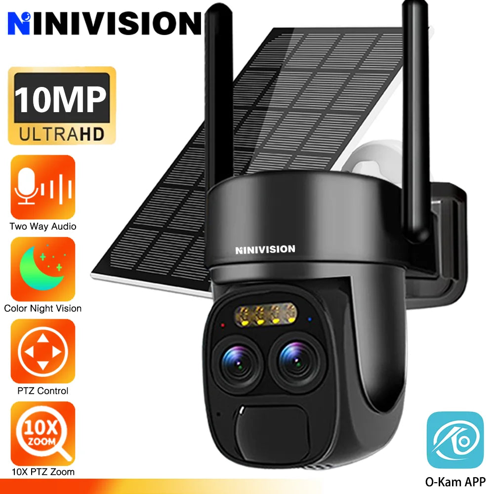 Cámara IP de vigilancia CCTV con zoom PTZ 10X, 10MP, 5K, WiFi, doble lente, audio, seguimiento automático por IA, zoom óptico 10X, 10MP, WiFi y alimentación solar.