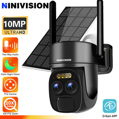 Cámara IP de vigilancia CCTV con zoom PTZ 10X, 10MP, 5K, WiFi, doble lente, audio, seguimiento automático por IA, zoom óptico 10X, 10MP, WiFi y alimentación solar.