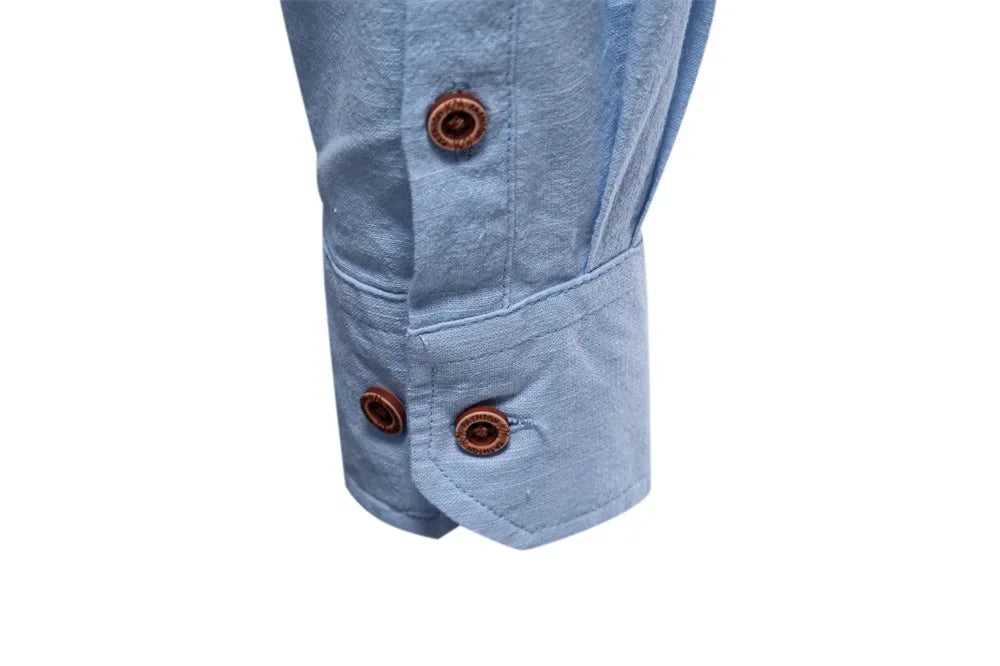 Camisa de lino 100% algodón para hombre, camisas de marca con bordado de color liso, blusas informales de manga larga de alta calidad con botones
