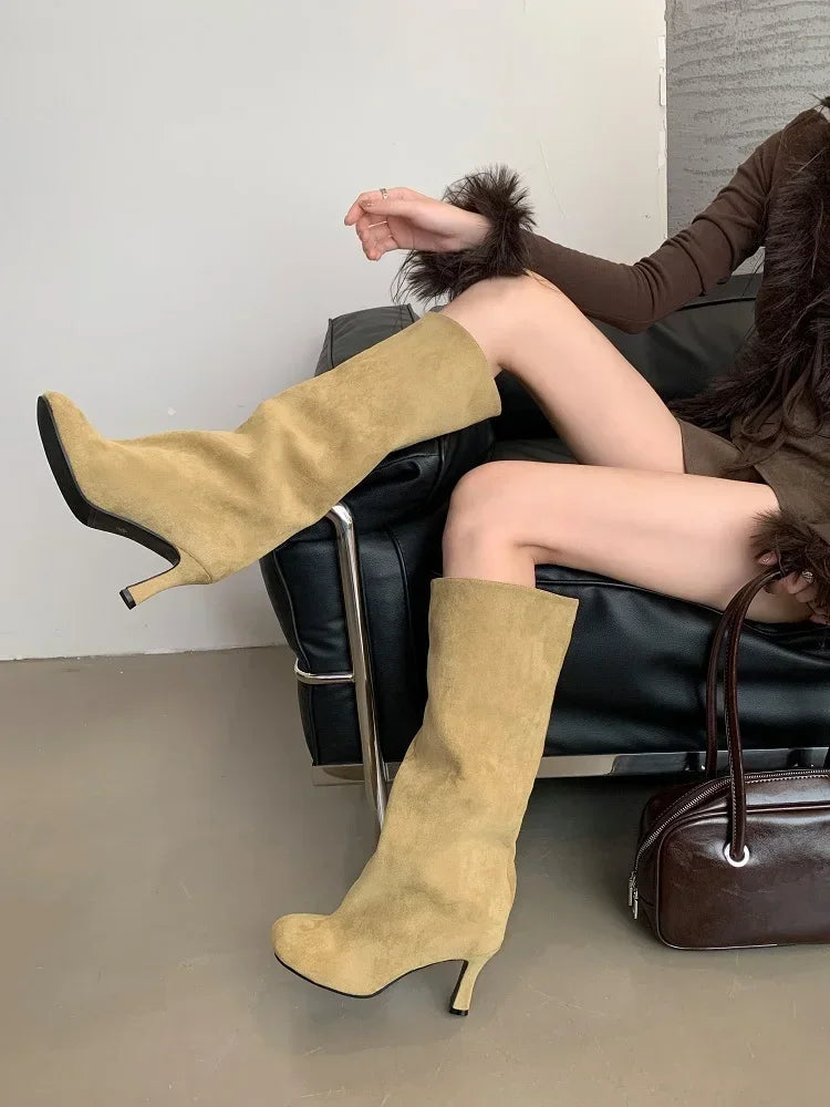 Botas de lujo para mujer, botas de invierno con punta redonda y tacón alto hasta la rodilla, estilo punk, botines largos para mujer