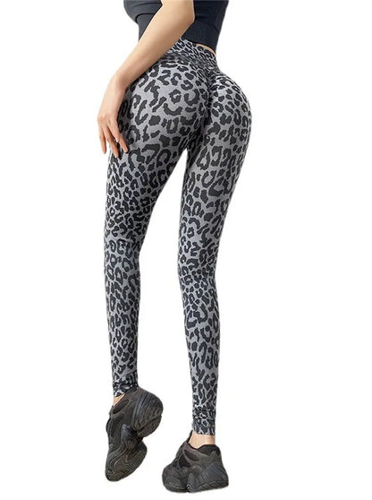 Pantalones deportivos de cintura alta con estampado de leopardo, color melocotón, para realzar la cadera, tipo mallas, para correr, hacer yoga, etc., de Europa y Estados Unidos.