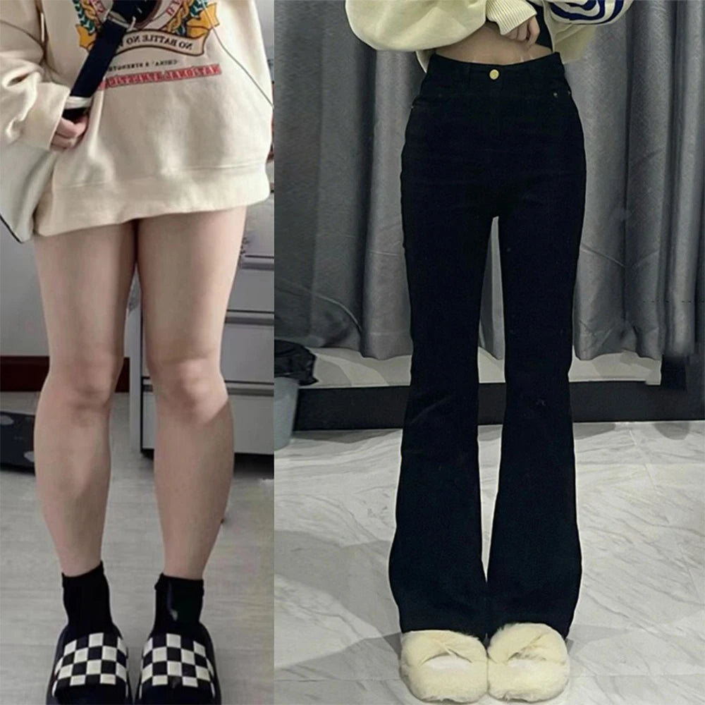 Pantalones vaqueros negros acampanados coreanos para mujer, pantalones vaqueros vintage Y2K de cintura alta, ajustados, elásticos, altos y delgados, informales, lisos, para mujer
