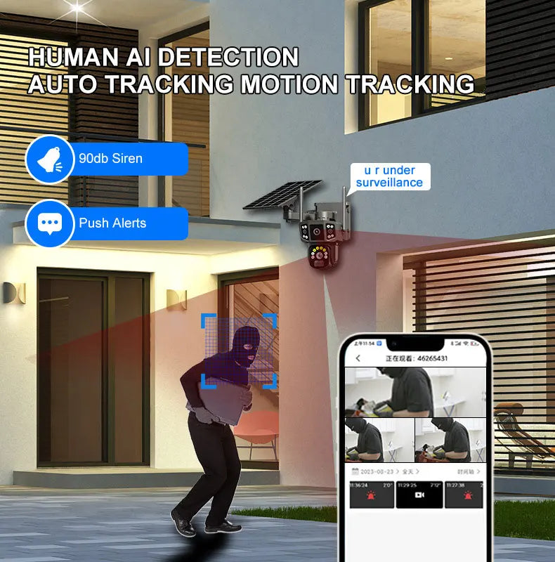 Cámara de seguridad inalámbrica 6K de 12 MP con movimiento horizontal y vertical; cámara IP WiFi para exteriores de 5 MP con SIM 4G, alimentación solar/batería; cámaras de vigilancia PT de 3 MP.