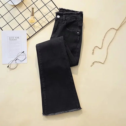 Pantalones vaqueros negros de cintura alta, elásticos y adelgazantes para mujer, con microcampana, pierna recta, corte holgado, pierna ancha, con flecos y parte inferior a la moda.