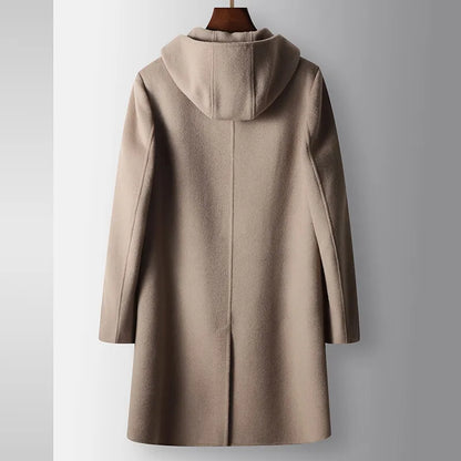 2024 Winter New Men's Hoodie Medium Long Woolen Coat Rabbit Plush Thick Warm Casual Coat High end Fabric 100% Pure Wool