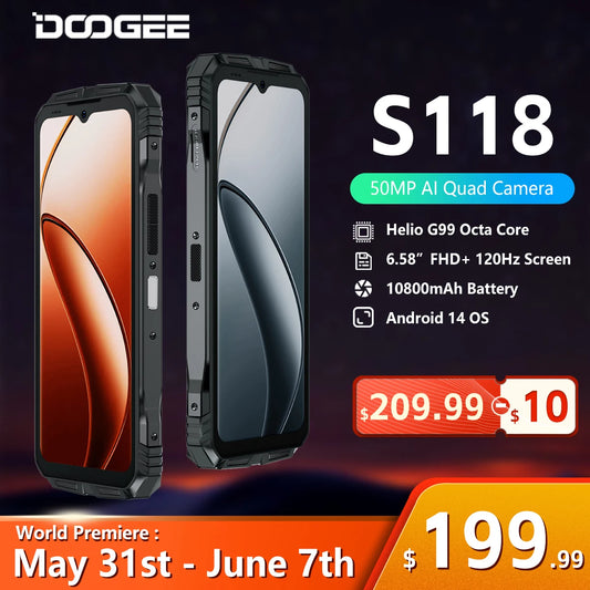 Smartphone robusto DOOGEE S118 de 8 GB y 512 GB, pantalla FHD+ de 6,58", Helio G99, cámara IA de 50 MP, 10800 mAh, Android 14, NFC, 4G.