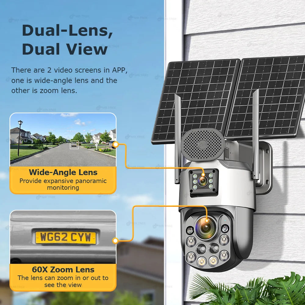 Cámara de seguridad exterior solar 4K con SIM 4G, 2 lentes/pantalla, zoom óptico 60x, seguimiento automático, PTZ 360°, videovigilancia doméstica IP.