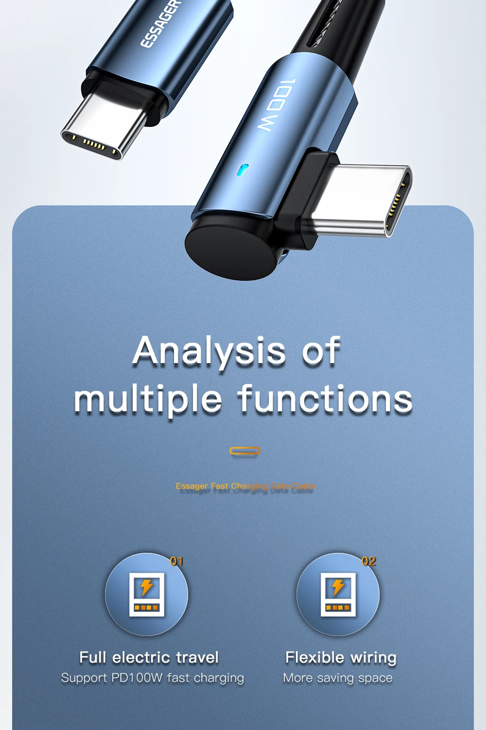 Cable USB tipo C a USB tipo C Essager de 100 W con ángulo de 90 grados para iPad, MacBook Pro, Xiaomi, Samsung y Huawei, carga rápida tipo C.