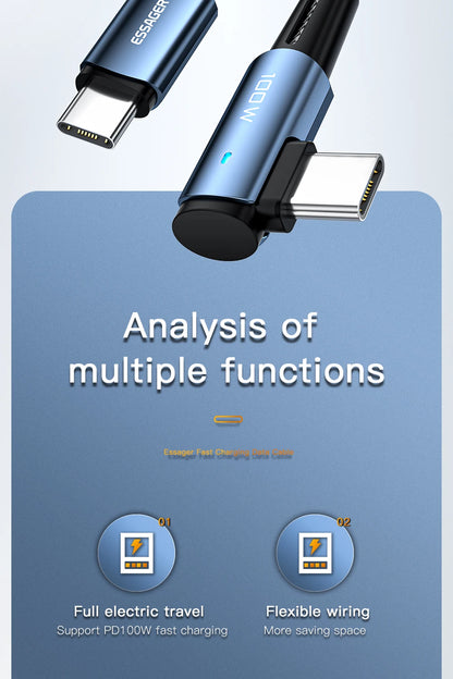 Cable USB tipo C a USB tipo C Essager de 100 W con ángulo de 90 grados para iPad, MacBook Pro, Xiaomi, Samsung y Huawei, carga rápida tipo C.
