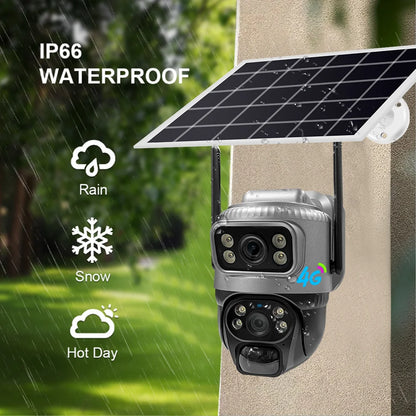 Cámara IP de seguridad V380 de doble lente, 4G, con detección humana PIR solar, visión nocturna, resistente al agua, 8MP, 4K, monitor CCTV con batería