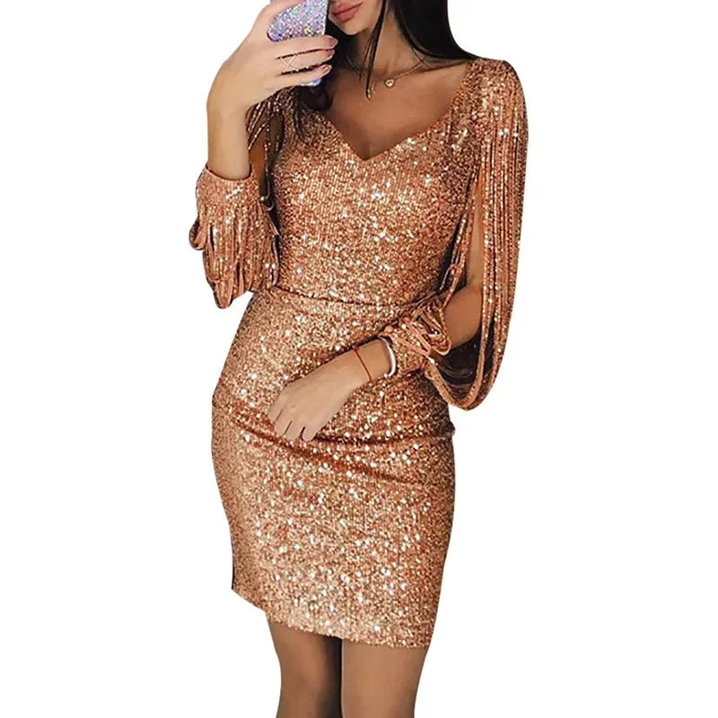 Vestido adelgazante de manga larga con flecos y escote en V con diamantes de imitación, el más vendido de Amazon Wish en 2019, para niñas, juvenil y elegante.