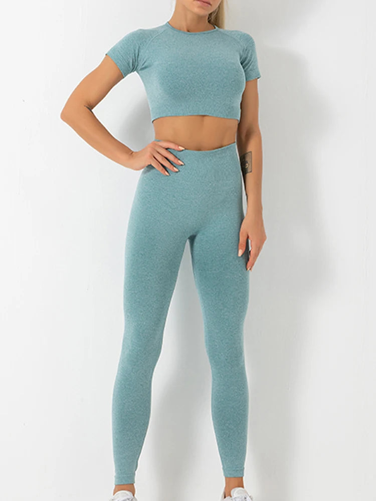 Conjunto de yoga de verano para mujer, cuello redondo, cintura alta, levantamiento de cadera, ajustado, moldeador, conjunto deportivo de dos piezas para fitness