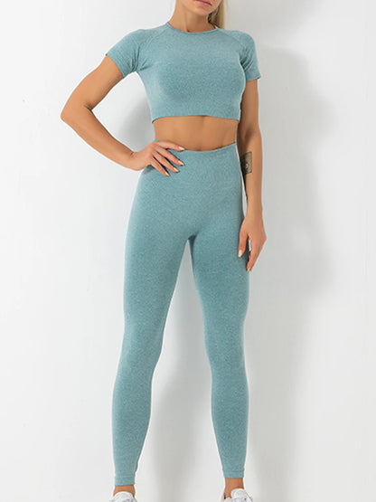 Conjunto de yoga de verano para mujer, cuello redondo, cintura alta, levantamiento de cadera, ajustado, moldeador, conjunto deportivo de dos piezas para fitness