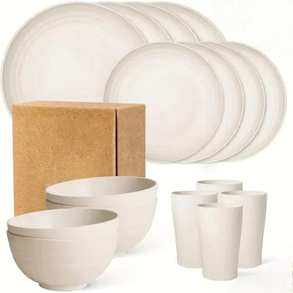 NUEVO Juego de 16 piezas de cuencos, tazas y platos, vajilla negra pura, platos de plástico para la cena y vasos de agua, regalo