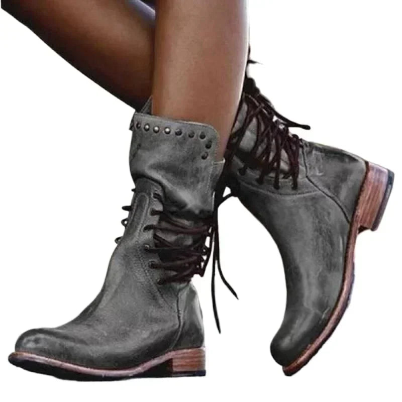 Botas de media caña con remaches para mujer, botines de caballero a la moda, estilo británico, para otoño e invierno, con cordones cruzados, de PU