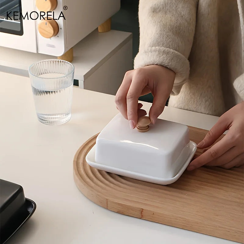 KEMORELA Mantequera de cerámica con tapa, rectangular, sellable, para guardar quesos, de alta gama y elegante para cocina y restaurante.