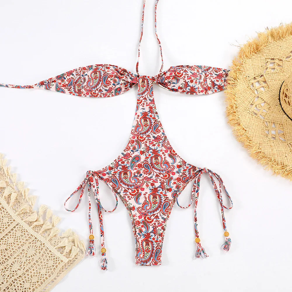 Traje de baño de una pieza con cuello halter para mujer, bañador sexy con cordones y push up, conjuntos de bikini lisos 2023, ropa de playa, monokini