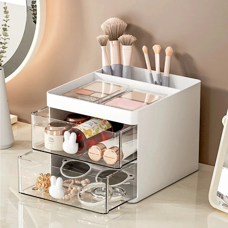 Organizador de escritorio pequeño con cajón, organizador de maquillaje, para tarjetas de presentación, bolígrafos, lápices, teléfono móvil y papelería.