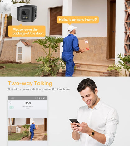 Cámara panorámica de doble luz de 4 MP y 8 MP con PoE, micrófono y altavoz integrados, detección humana, visión nocturna a color y sistema de vigilancia compatible con Hikvision.