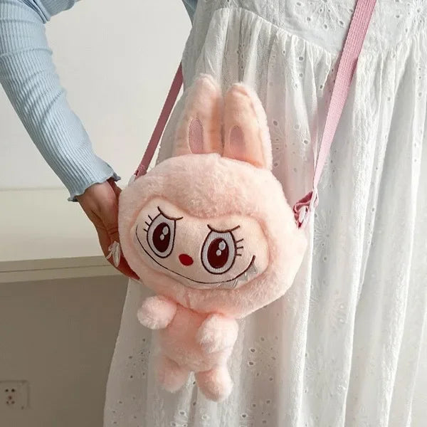 Lindo bolso bandolera de peluche con diseño de elfo de dibujos animados, de poliéster suave, con un solo hombro y cierre de cremallera.